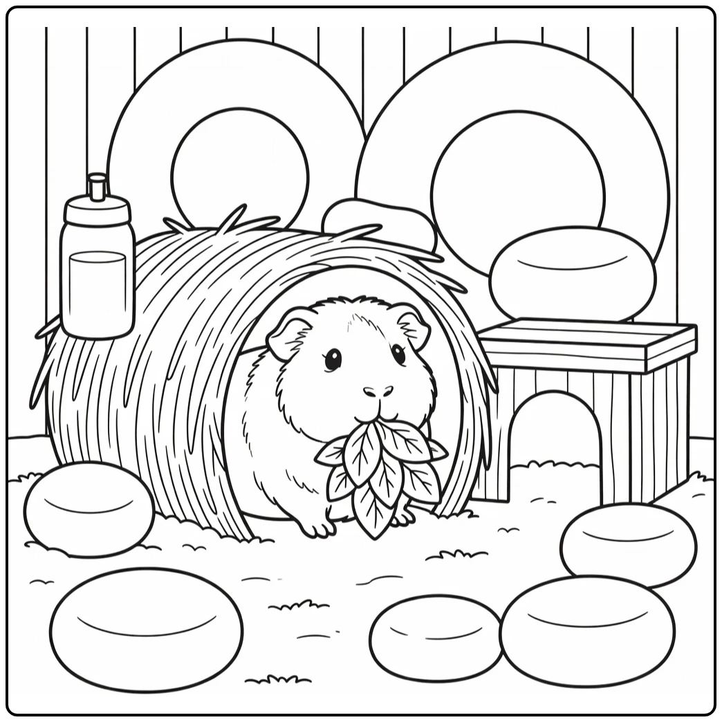 Pet animals coloring page with guinea pig nibbling snack