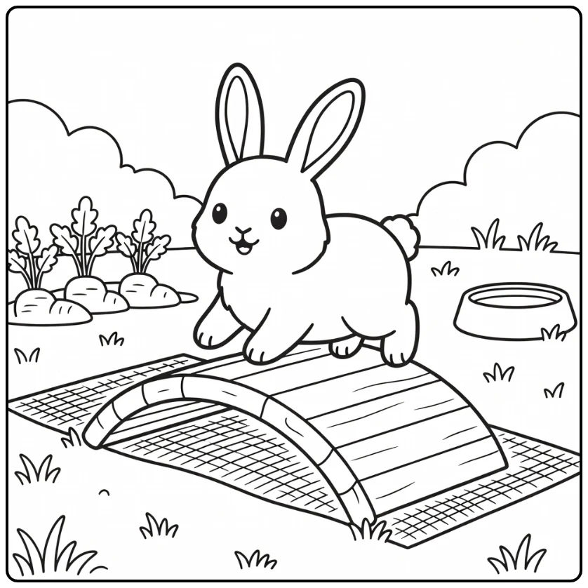 Pet Animals Coloring Page of Rabbit on Willow Bridge