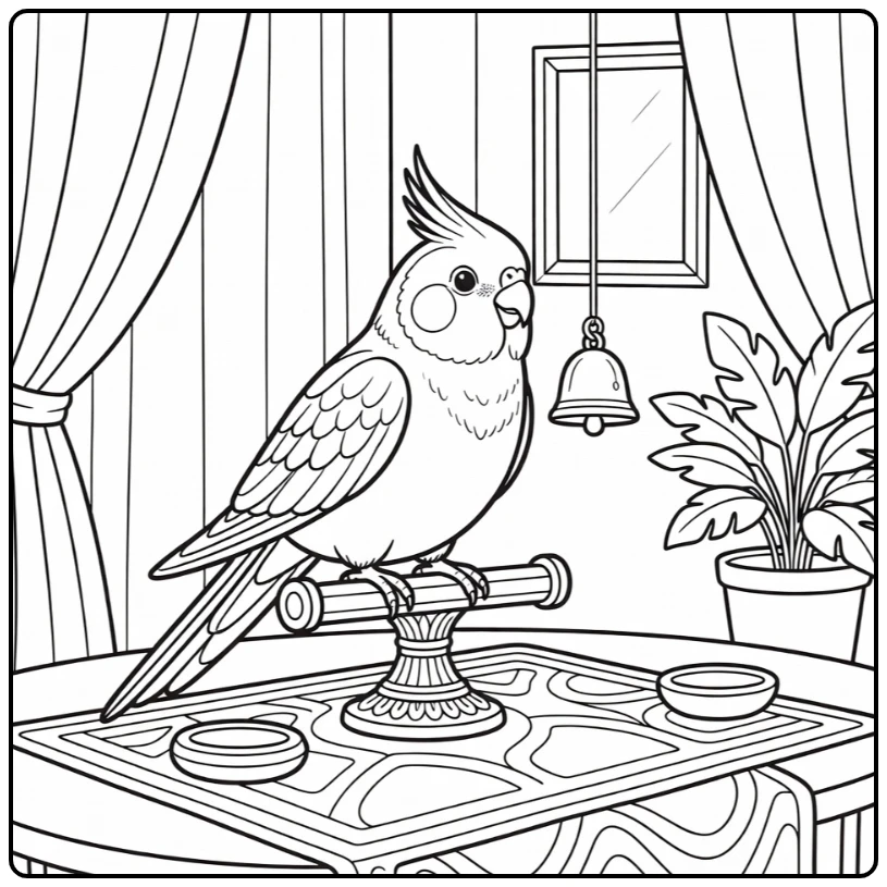 Pet coloring page for adults with cockatiel tilting to bell toy