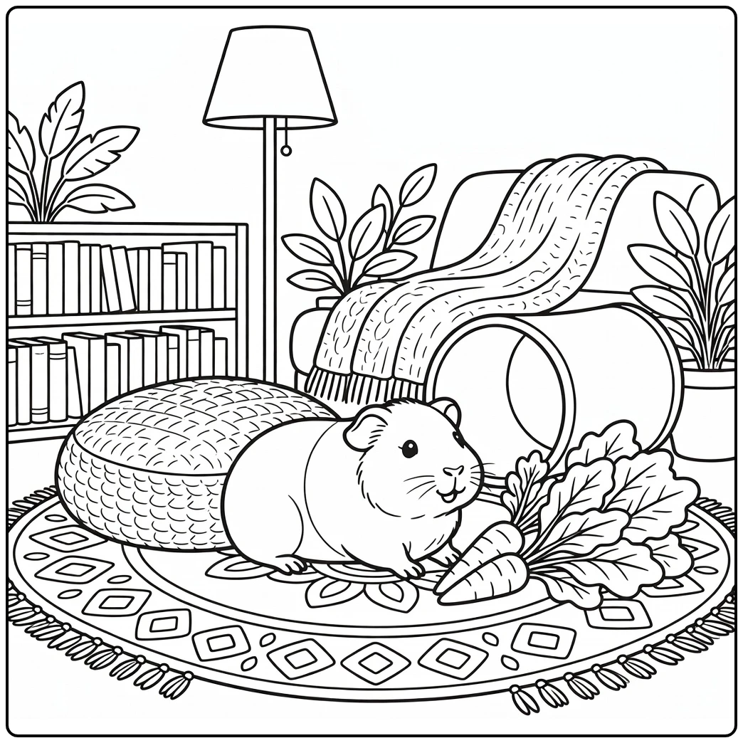 Pet coloring page for adults guinea pig cozy nook scene