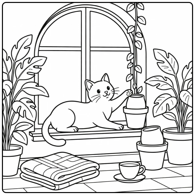 Pet coloring page for adults showing cat stretching toward vine