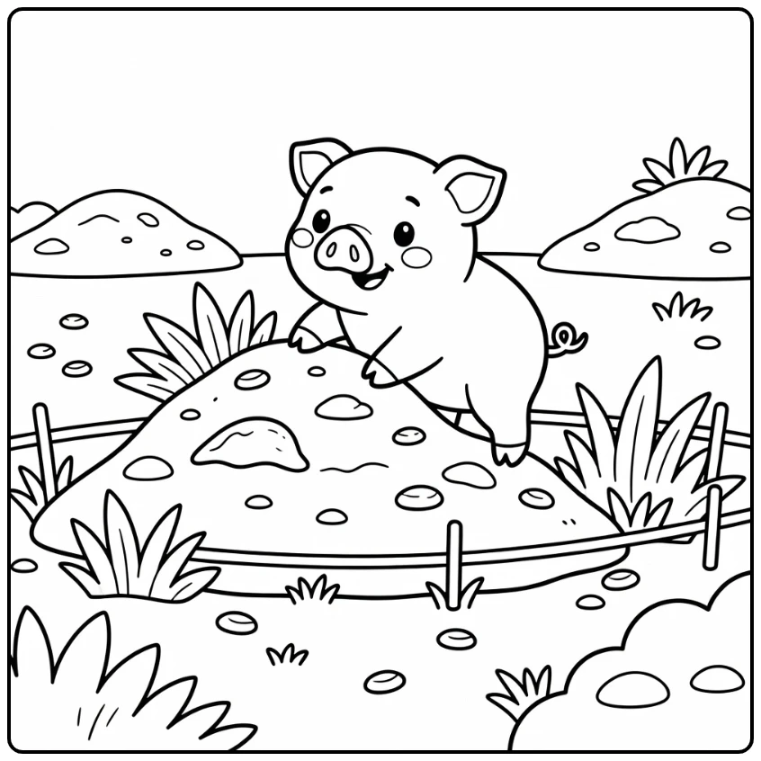 Pig coloring page with farm fence and earthen mound