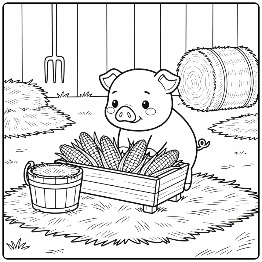Pig coloring page with curious pig at feeding trough