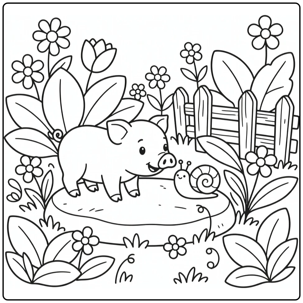 Cute pig coloring page of piglet touching noses with snail