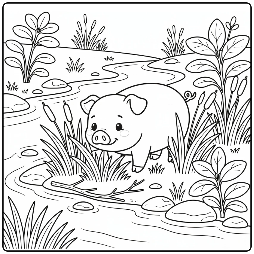 Pig coloring page with cute pig in reeds by river