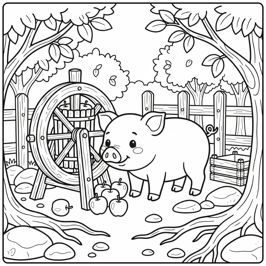 Pig coloring page with pig and apple press in orchard