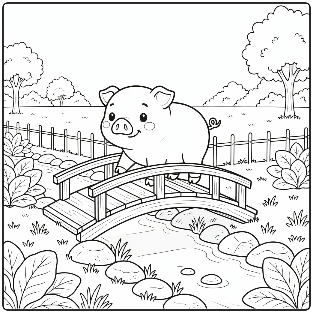 Pig coloring page of cute pig crossing garden bridge