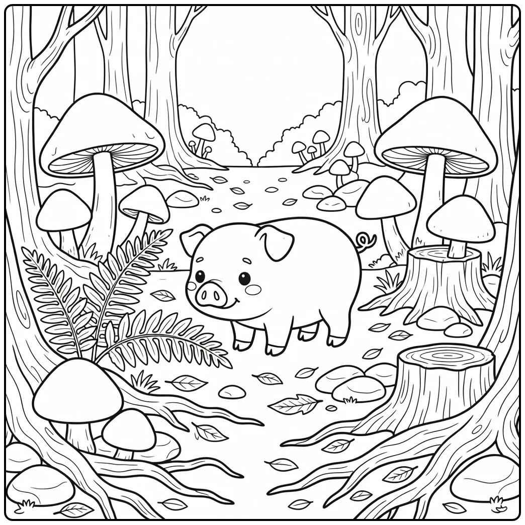 Pig coloring page with cute pig in mushroom woodland clearing