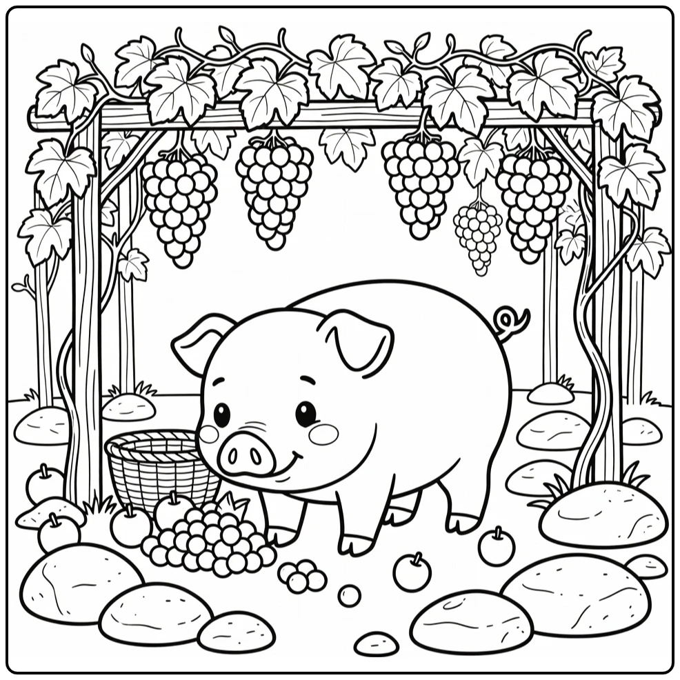 Pig coloring page with cute pig under grape arbor