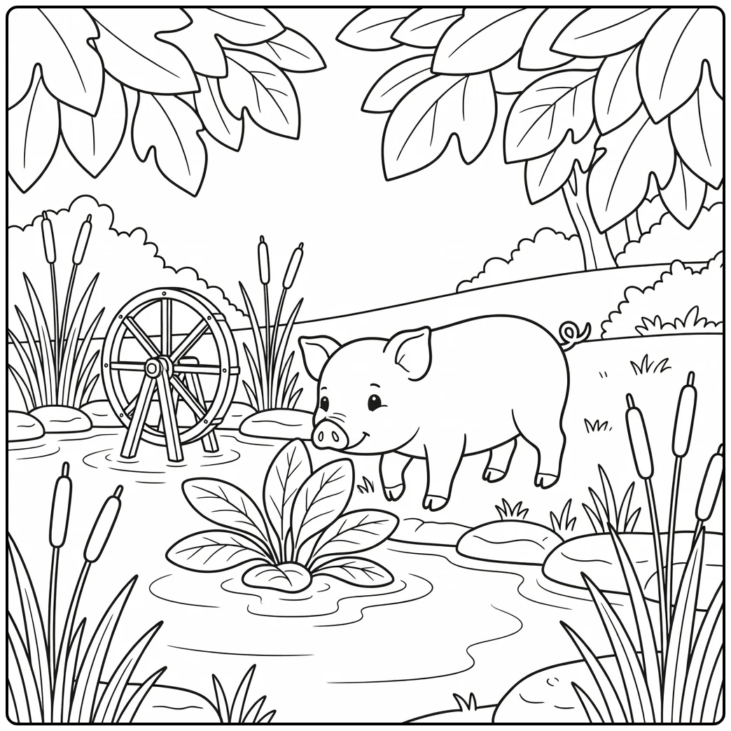 Pig Coloring Page for Adults with Pig by Pond and Reeds