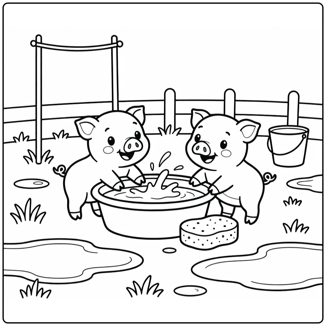 pig coloring page for kids with two piglets in wash tub