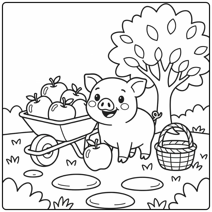Pig coloring page for kids featuring happy piglet with apples