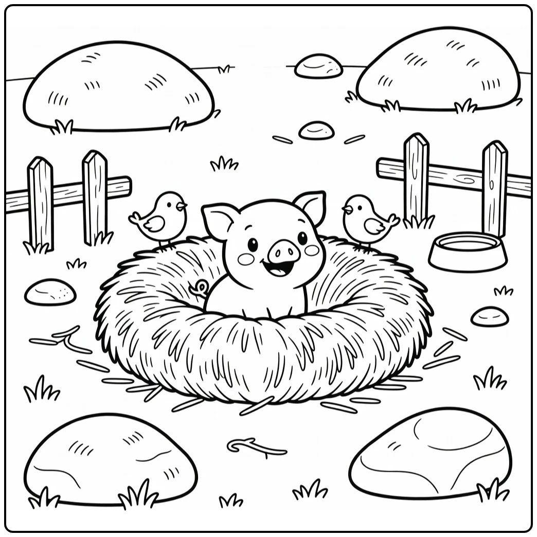 Fun pig coloring page for kids with hay ring and birds