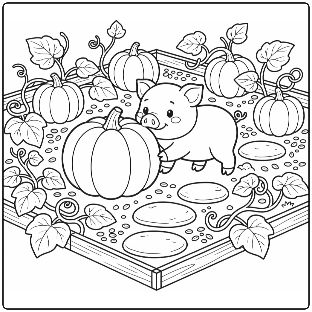 Pig coloring page of cute pig pushing pumpkin in garden