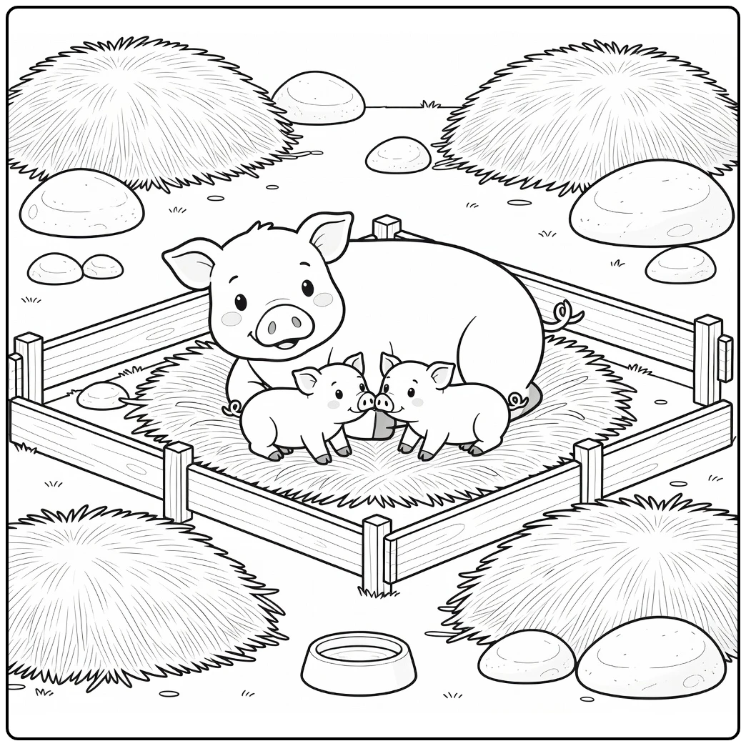 Pig coloring page of mother sow with nuzzling piglets in straw nest