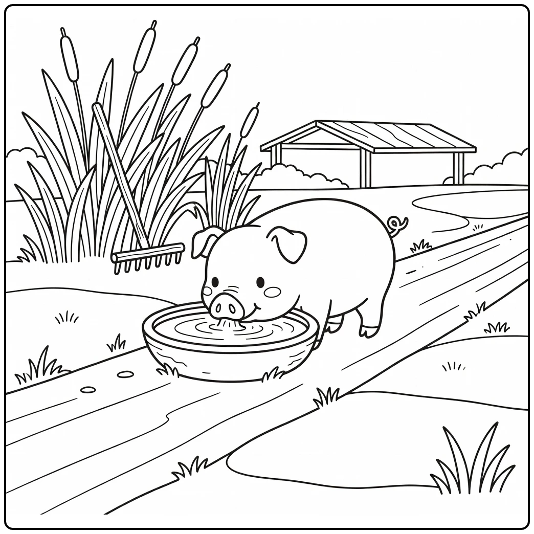 Pig coloring page showing cute pig at stone water basin on farm