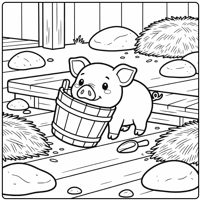 Pig coloring page of curious pig snout in wooden bucket