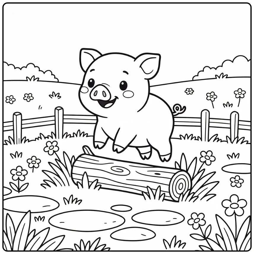 Charming pig coloring page: piglet jumps over log in pasture