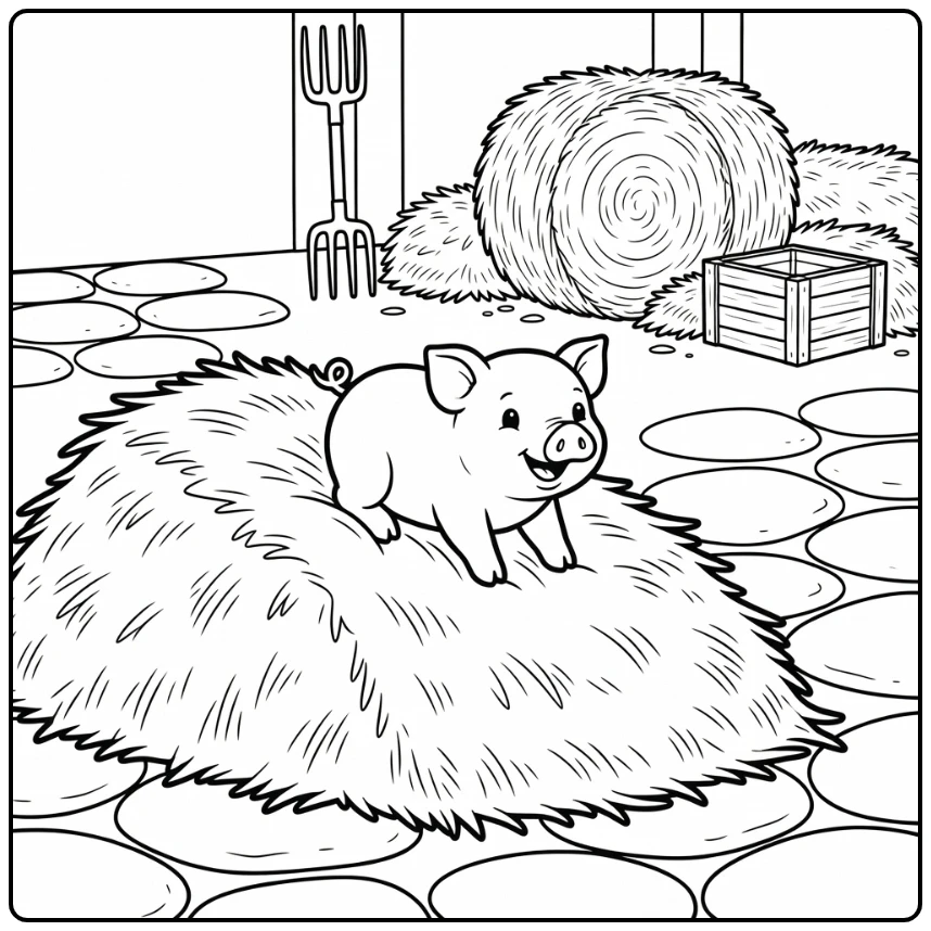 Playful pig coloring page with piglet sliding on hay mound