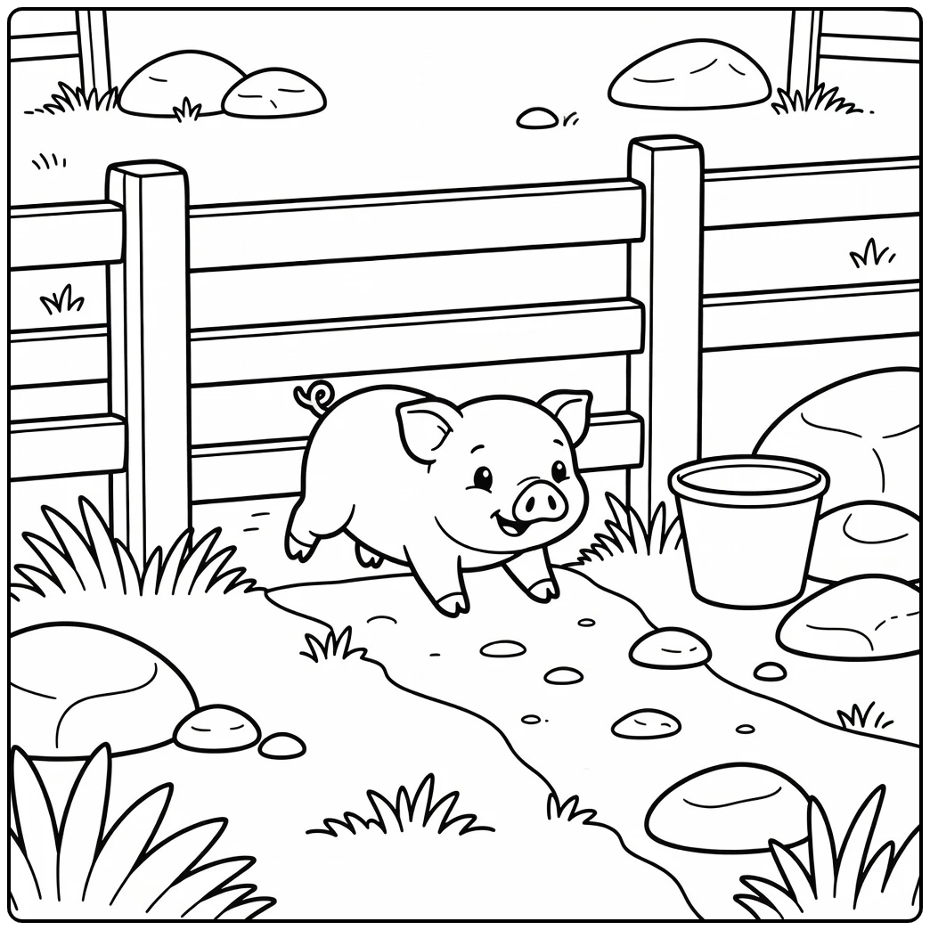 Pig coloring page of piglet squeezing under pasture gate