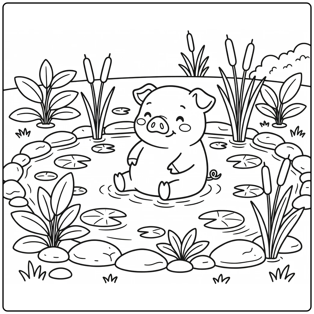 Pig coloring page of relaxed pig in farm pond