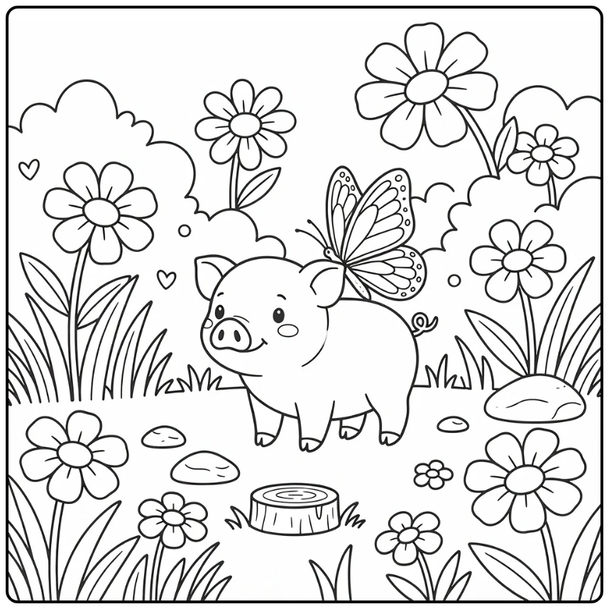 Pig coloring page of cute piglet with butterfly on snout