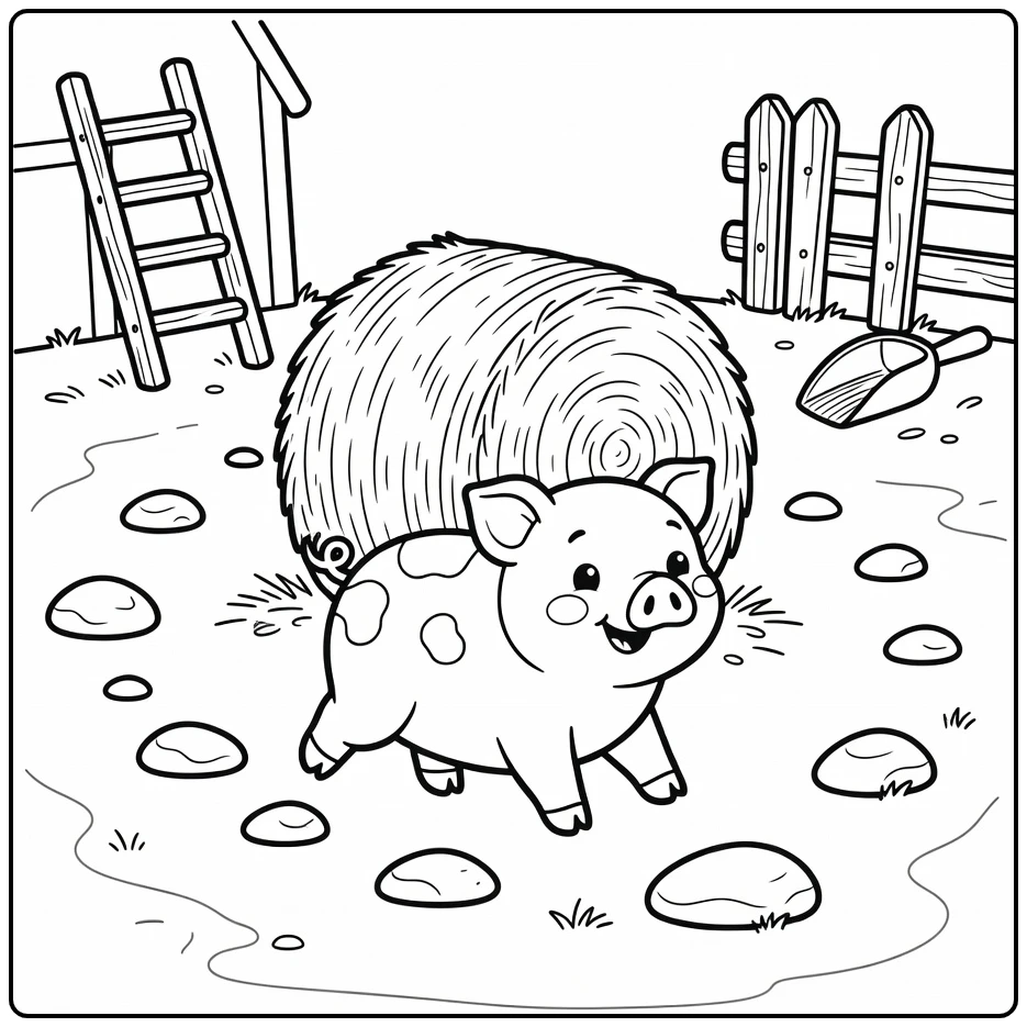 Adorable pig coloring page of spotted pig by hay bale