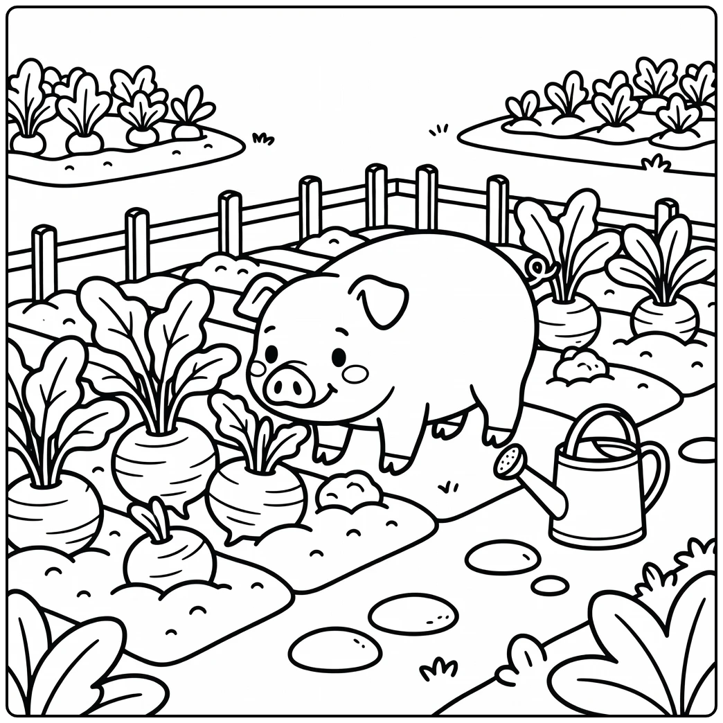 Pig coloring page with farm pig and leafy turnips