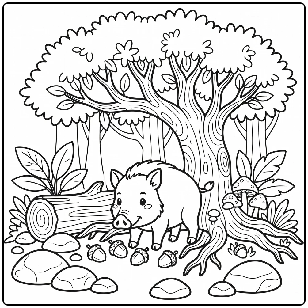 Cute pig coloring page of wild boar foraging acorns