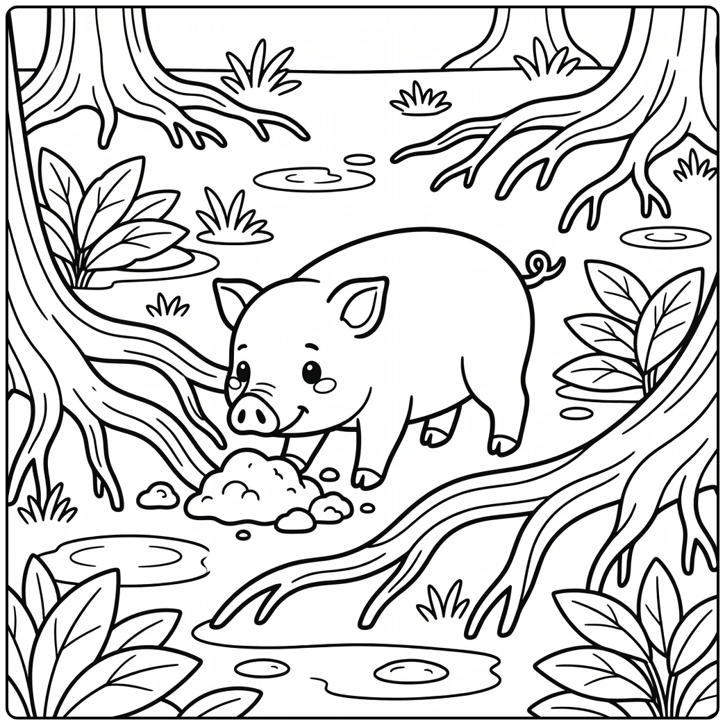 Pig coloring page of wild pig digging by tree roots