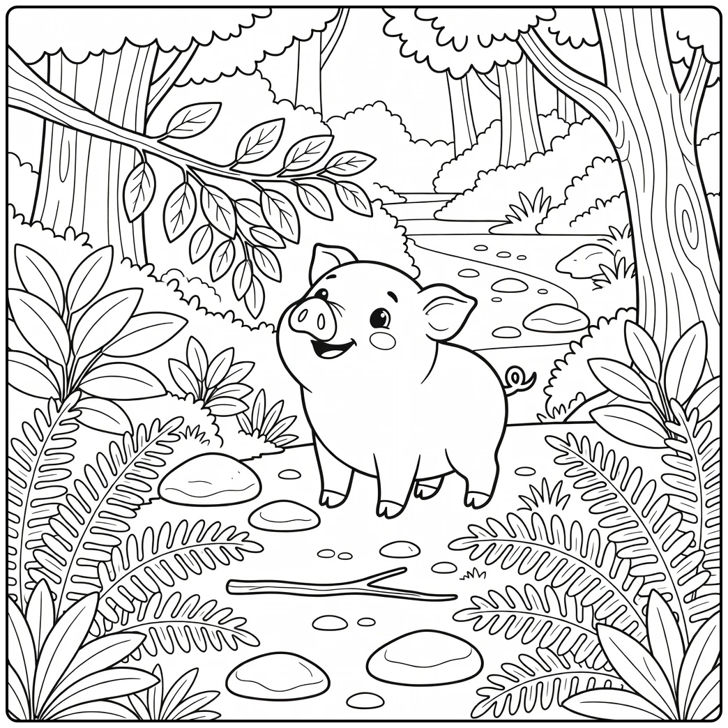 Pig coloring page showing cute pig near leafy branch and ferns