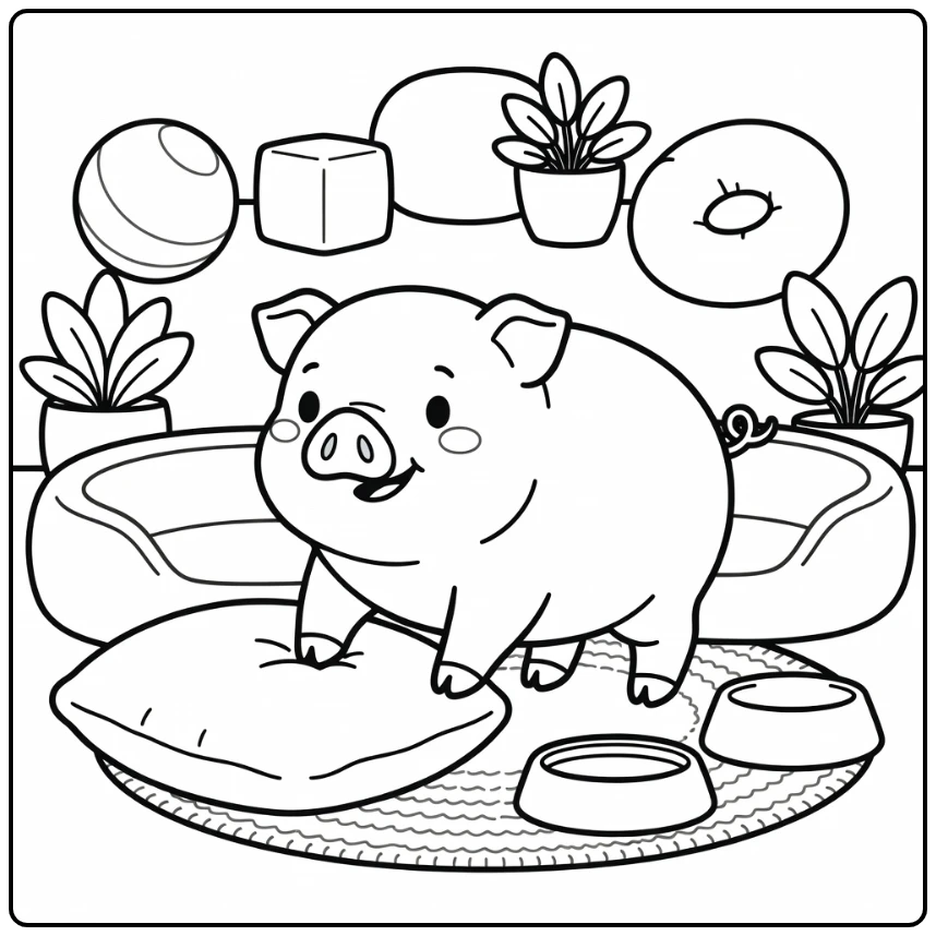 Pig coloring page of potbellied pig in cozy pet corner