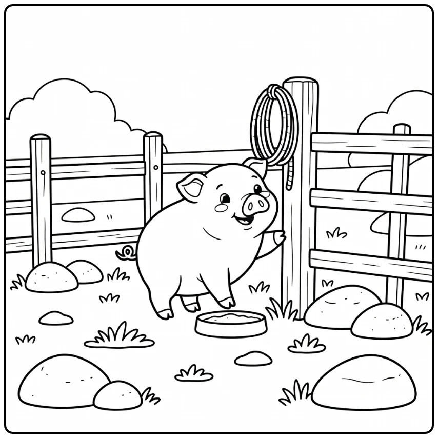 Pig coloring page of a broad pig scratching against a fence