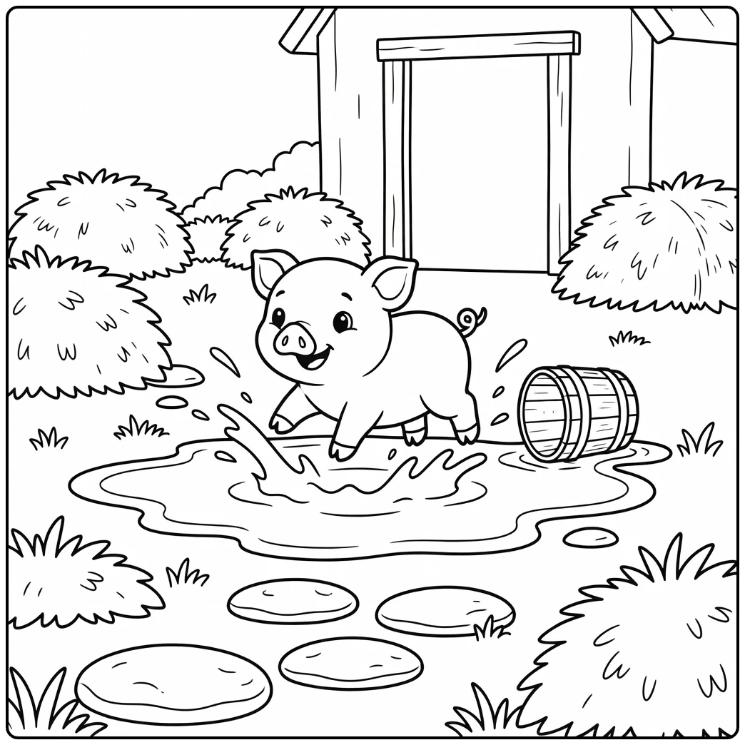 pig coloring page of playful piglet leaping in puddle