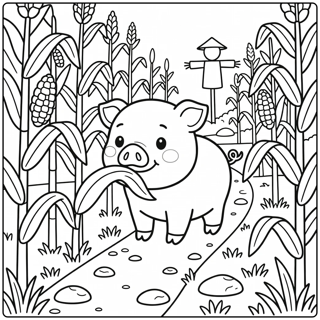 pig coloring page of cute pig exploring cornfield