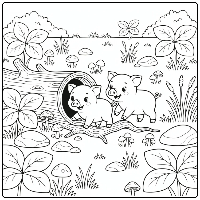 Pig coloring page of two piglets at a hollow log
