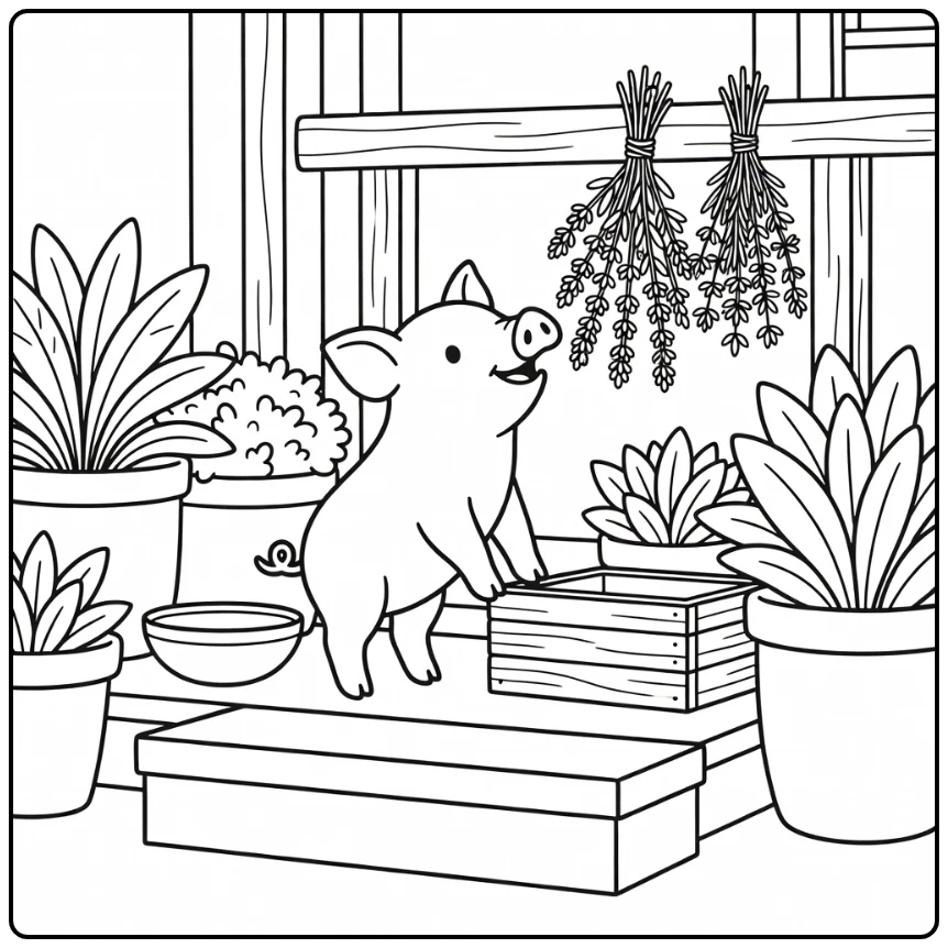 Cartoon farm animal coloring page: piglet sniffing herbs on porch