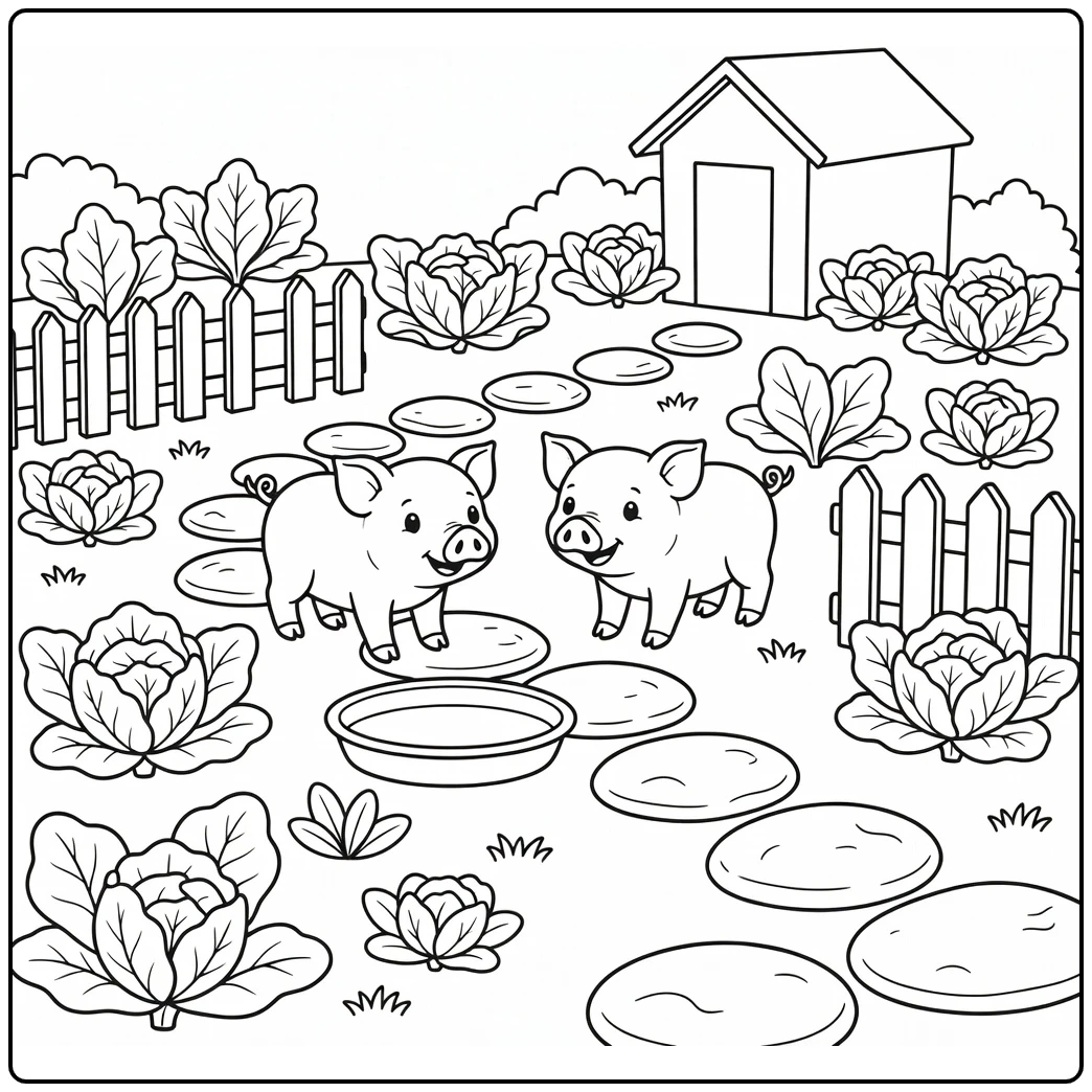Kindergarten farm animals coloring page: piglets on stepping stones