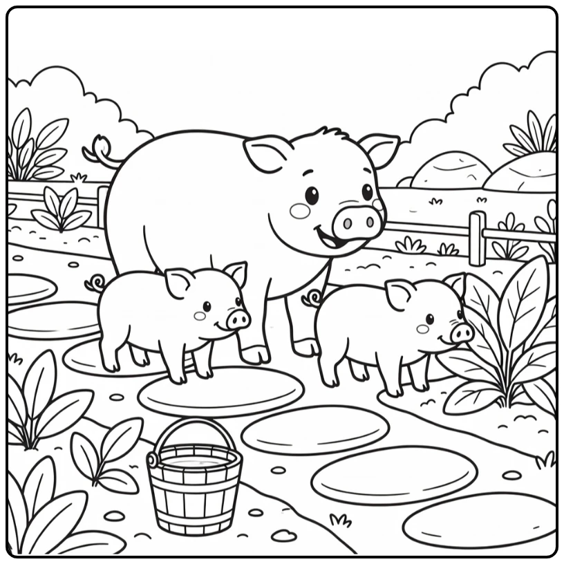 Pigs coloring page with sow and piglets on stepping stones
