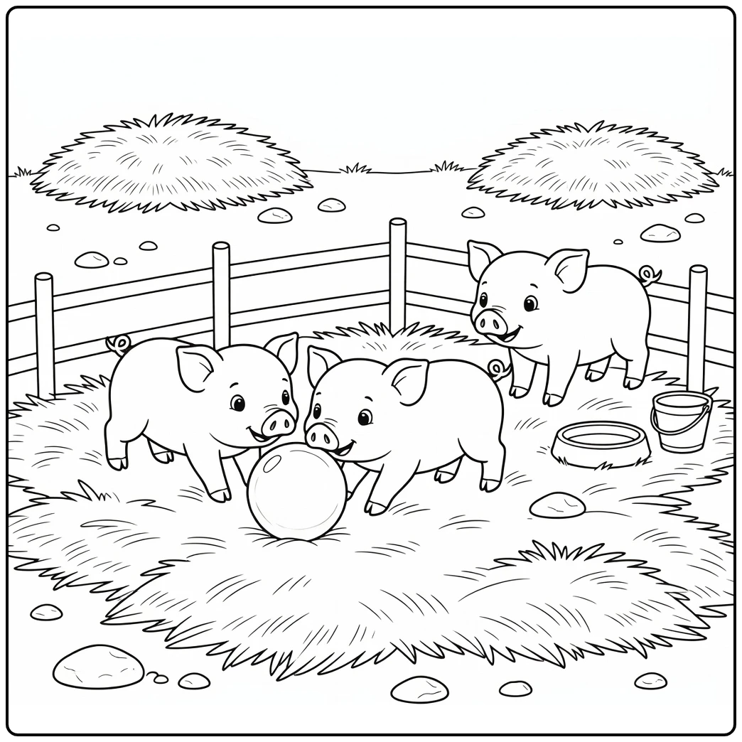 Pigs coloring page of three piglets nudging ball on farm