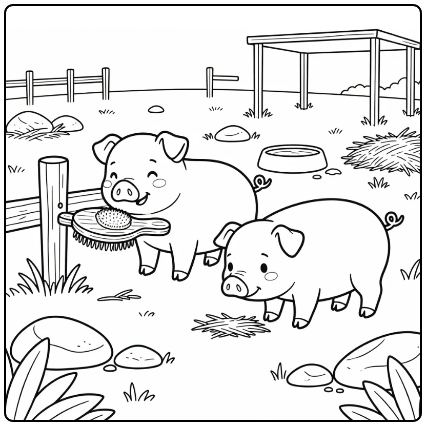 Pigs coloring page showing two cute pigs in a paddock