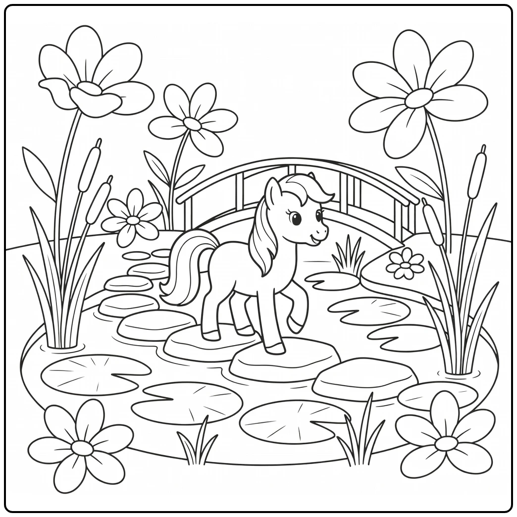 Pink pony coloring page pony on stepping stones in pond