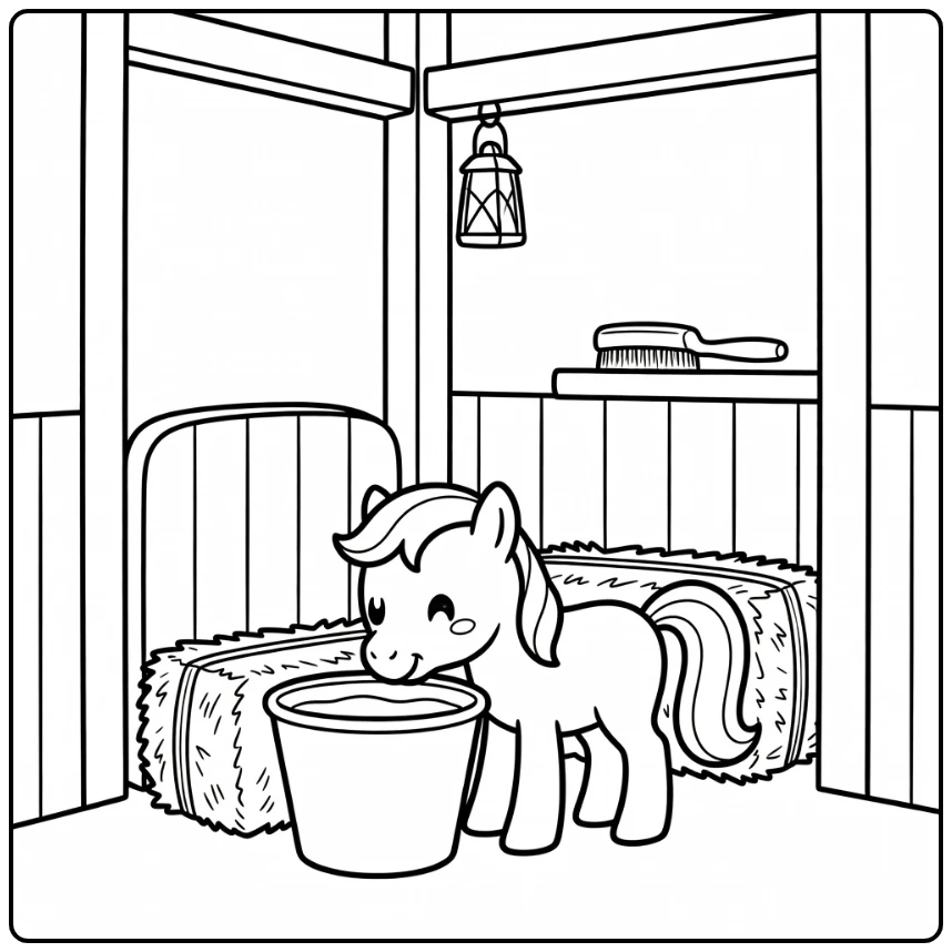 Pink Pony Coloring Page Drinking Calmly in Stable