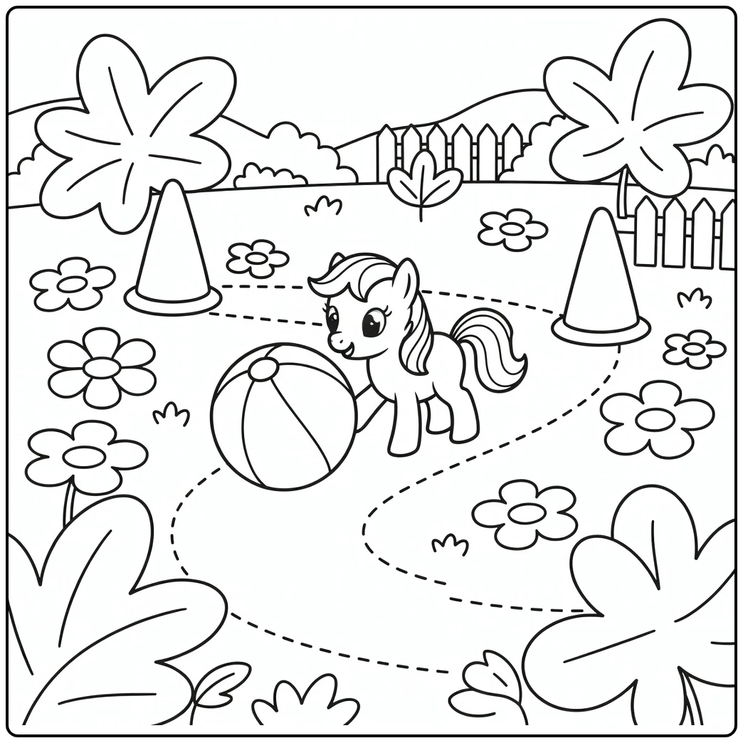 Pink Pony Coloring Page of Playful Pony Nudging Ball
