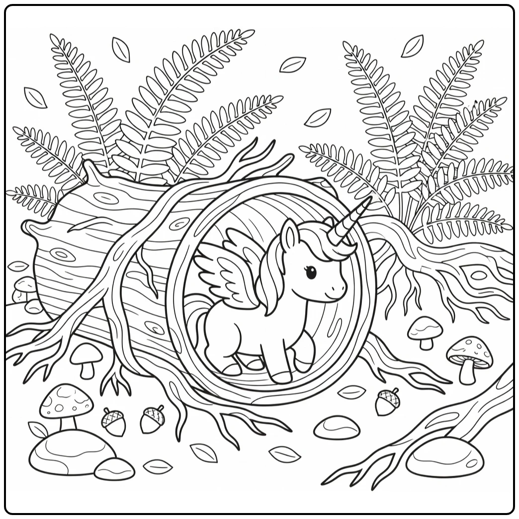 Alicorn coloring page: winged unicorn in log tunnel