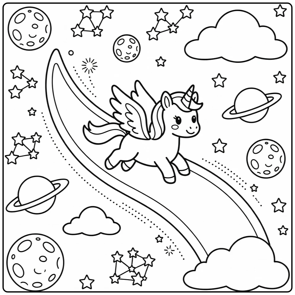 Alicorn coloring page: winged unicorn slides comet tail