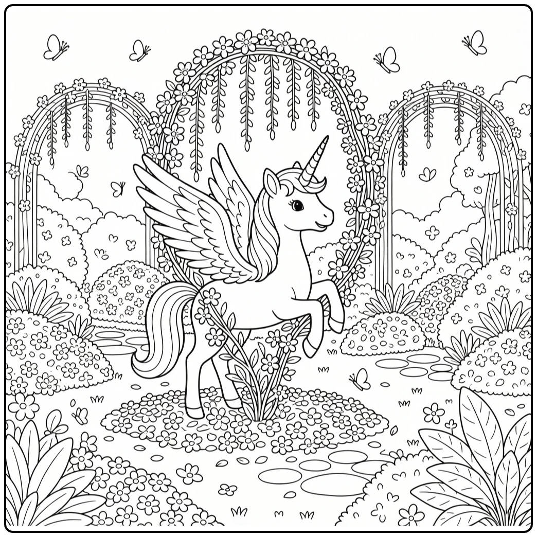 Alicorn coloring page: winged unicorn in flower vines garden