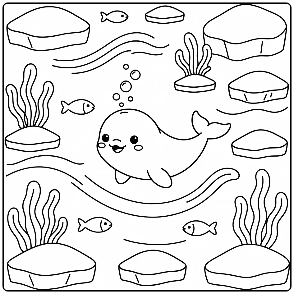 Cute arctic animal coloring page: baby beluga blowing bubbles