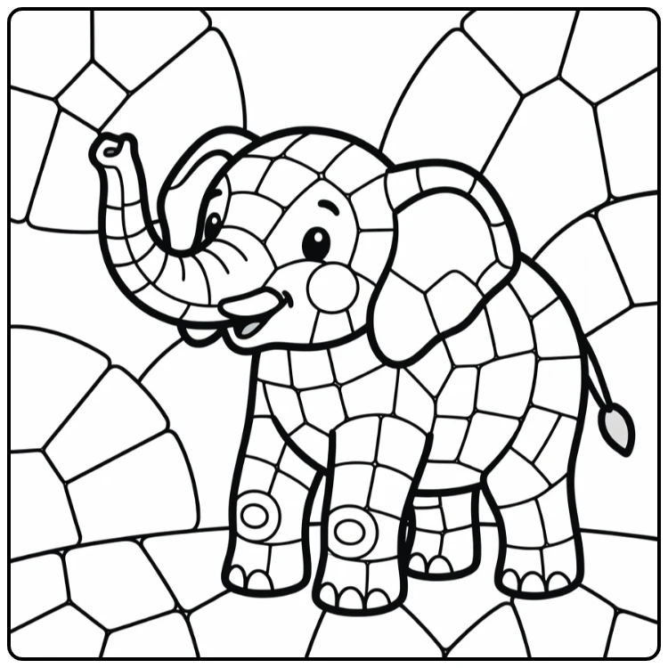 Animal mosaic coloring page: playful elephant calf lifting trunk