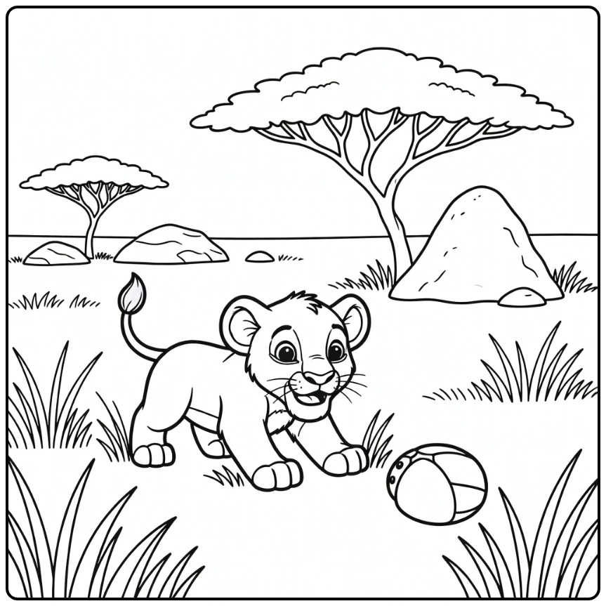 Lion cub stalks beetle in grass - baby animal coloring pages